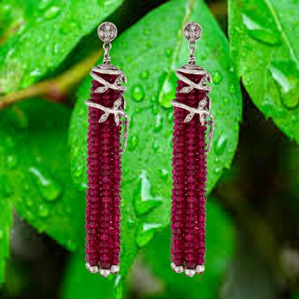 CATHY WATERMAN Vintage Platinum Ruby Diamond Tassel Vine Faceted Earrings
